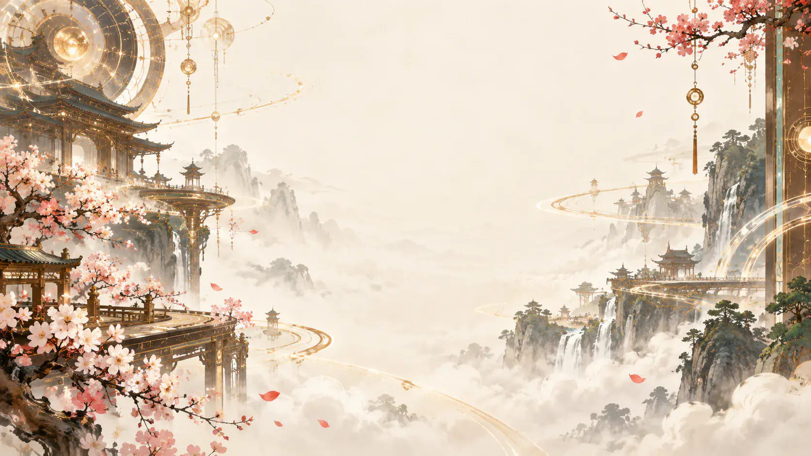 云海与山峦之间，金色环轨连接着东方楼阁